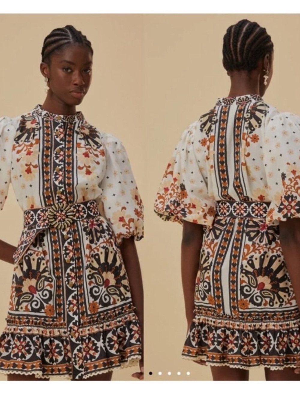 FARM Rio Tapestry Cream belted Mini Dress with Black and Brown Embroidered Print